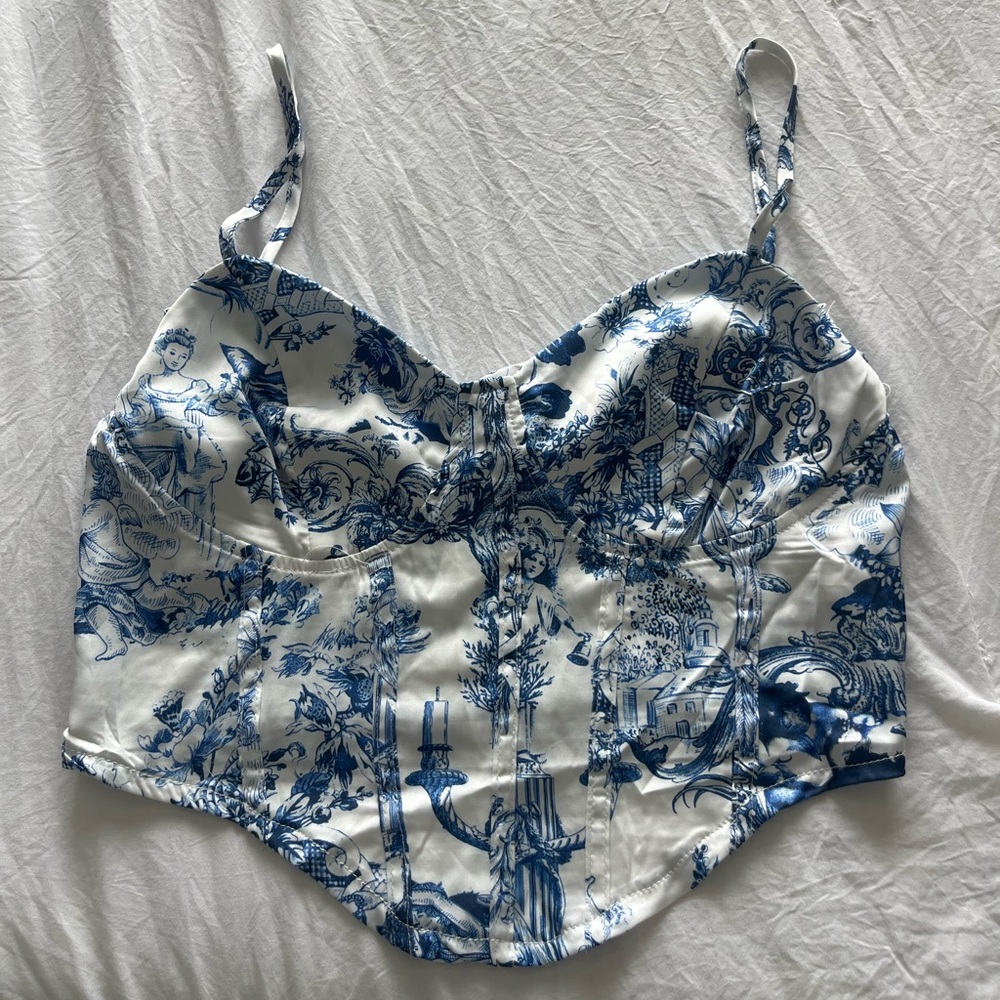 Blue and White Patterned Crop Top